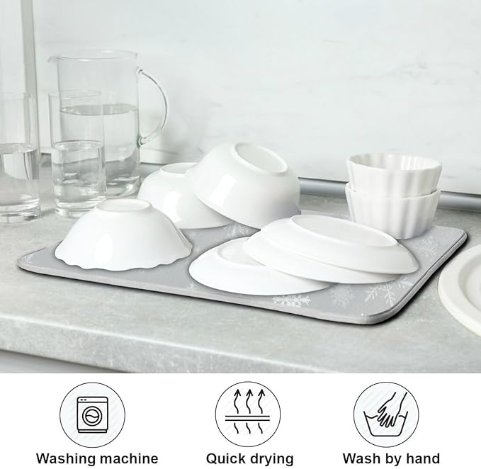 Christmas Gray Snowflake Dish Drying Mat for Kitchen Winter Snow Xmas Grey Microfiber Drying Mats Absorbent Reversible Dish Pad Large Dish Draining Mat 18x24 inch