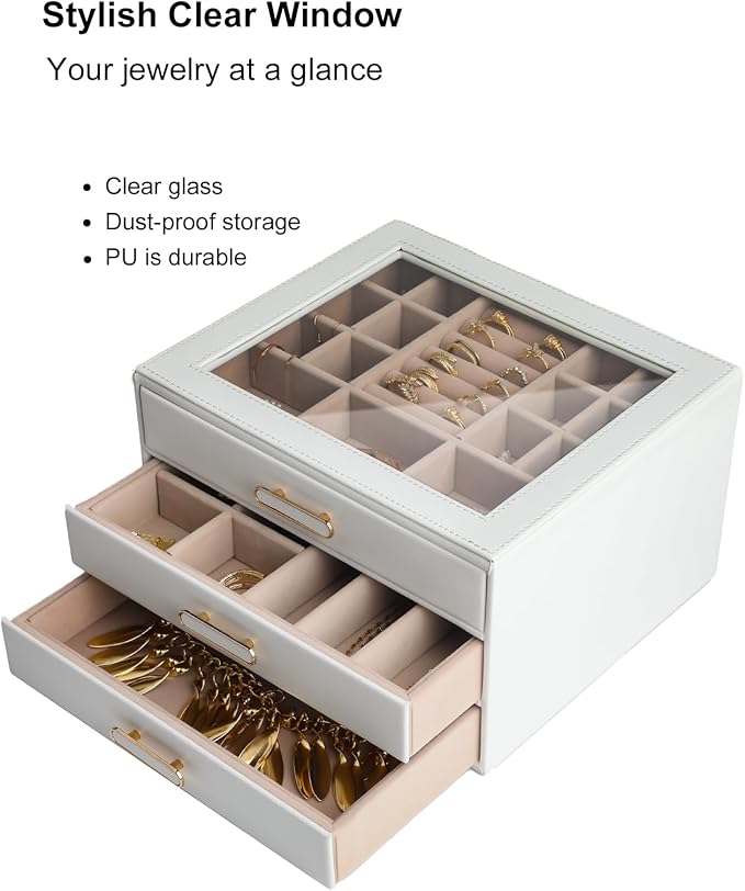 Jewelry Box Organizer with Glass Lids 3 Layer Jewelry Storage Case PU leather Jewelry Boxes for Woomen Suitable for Storing Rings Necklaces Earrings, Bracelets Gift Box for Girls