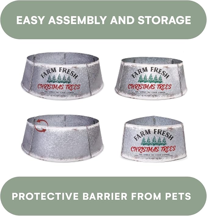 Hallops Galvanized Christmas Tree Collar - Oversized, Adjustable Metal Collar Ring for Large to XL Christmas Trees - Rustic Stand Up Tree Skirt with Distressed White Finish for Indoor Holiday Decor