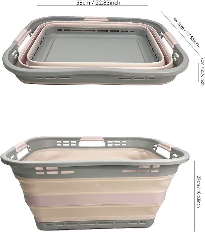 SAMMART 42L (11 Gallon) Collapsible Plastic Storage Basket - Foldable Pop Up Storage Container/Hamper - Portable Laundry Organizer - Space Saving (Grey/Pink, 42L (Style A))