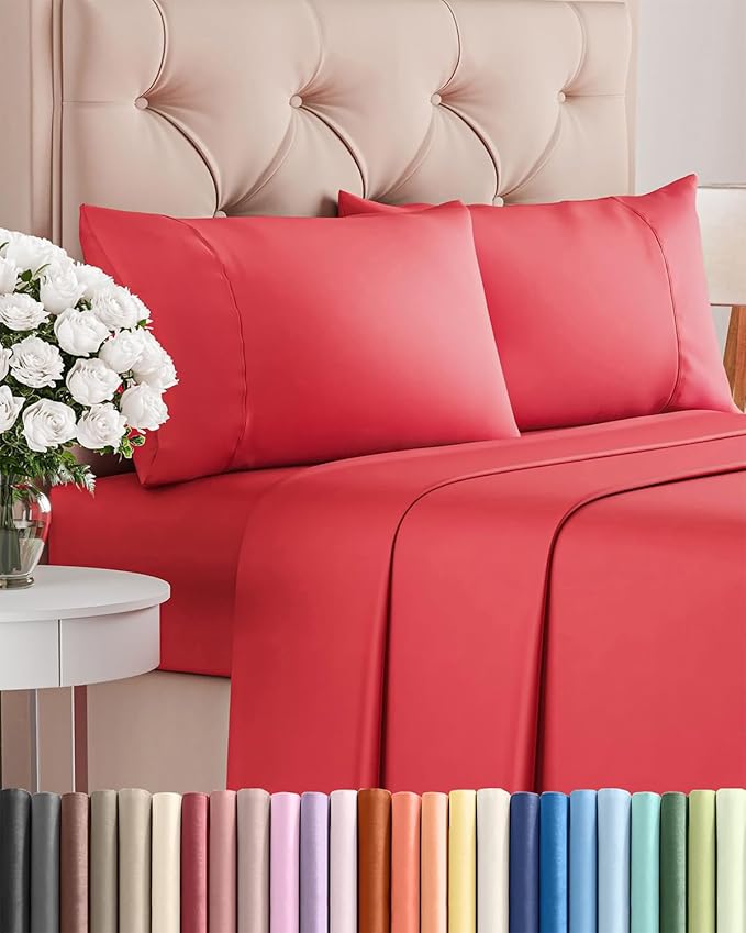 Twin 4 Piece Sheet Set - Comfy Breathable & Cooling - Ultra Soft Hotel Luxury Bedding Set with 8-16 Inch Deep Pockets - 1 Flat & 1 Fitted Sheet & 2 Pillowcases - Cozy, Wrinkle Free & Easy Care - Red