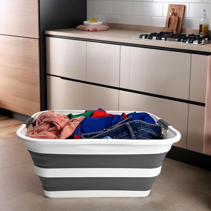 SAMMART Collapsible Plastic Laundry Basket Washing Tub Foldable Pop Up Storage Container-Space Saving/Portable Laundry Hamper. Ideal for Home, Travel, Dorm, and Camping (White/Steel Grey, 42L)