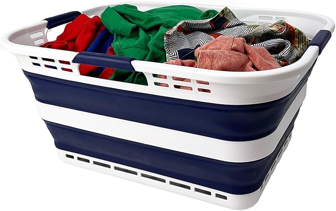 SAMMART 42L (11 Gallon) Collapsible Plastic Storage Basket - Foldable Pop Up Storage Container/Hamper - Portable Laundry Organizer - Space Saving (White/Starry Blue, 42L (Style A))