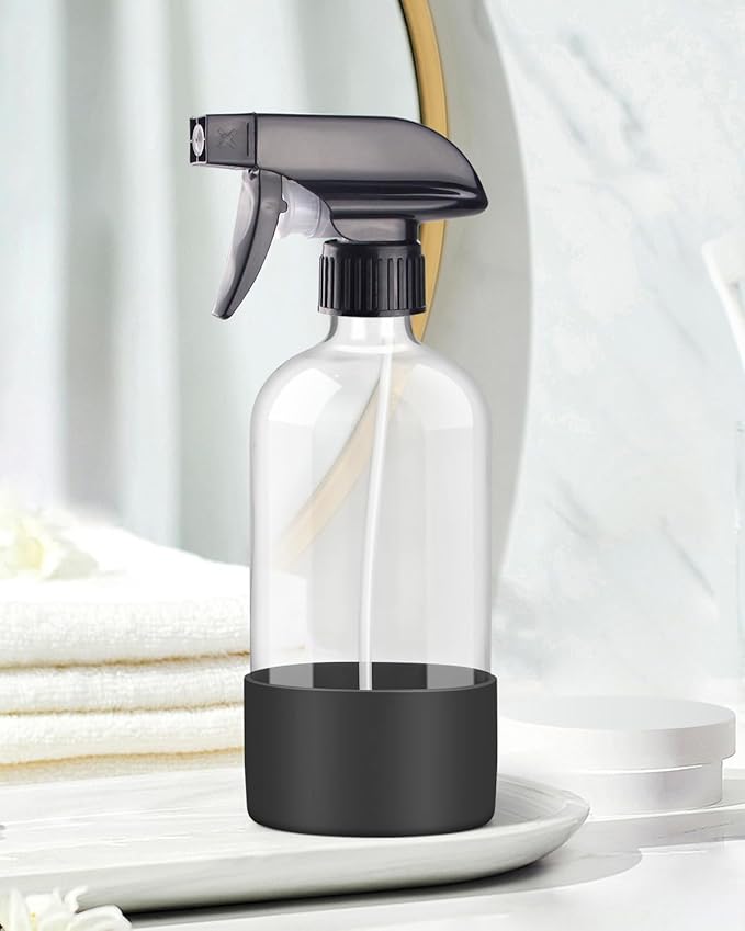 Rionisor Glass Spray Bottles with Silicone Sleeve Protection, Empty 16OZ Reusable Spray Bottles, Refillable Containers with Spray Nozzles for Cleaning Solutions, Plants and Essential Oils 1 Pack Black