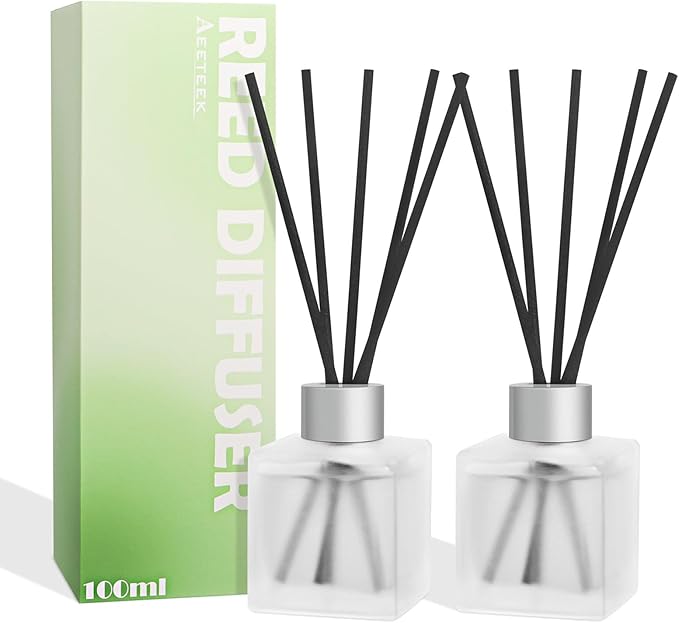 Reed Diffuser, Sea Salt & Green Tea Scented Oils, 100ml Air Freshener Essential Oil Set with Diffuser Sticks, Long Lasting Home Fragrance for Bedroom Office Shelf Bathroom Decor (2-Pack)