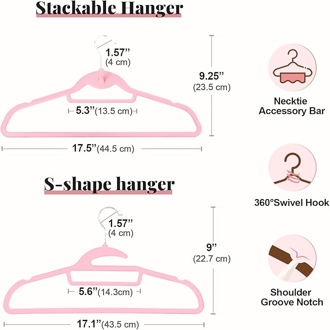 UEAKPIC Velvet Hangers 50 Pack, S-Shaped and Stackable Non Slip with 360°Swivel Hook, Ultra Thin and Space Saving Flocked, for Suits, Shirts, Coats, 15Lbs Capacity Heavy Duty, Pink