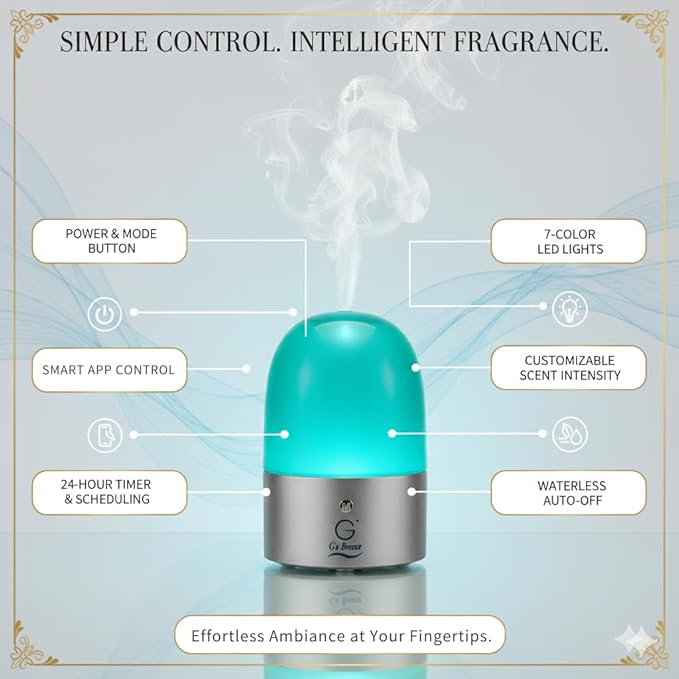 G’s Breeze Smart Diffuser with Refill – Bluetooth & Wi-Fi App Control, Gradient LED Lighting, Adjustable Scent Intensity, Low Noise, 24 Hour, Aromatherapy Diffuser for Home & Office - Baby Powder