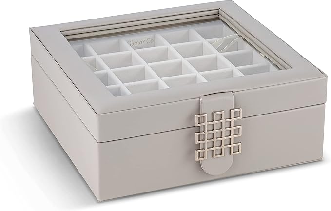 Glenor Co Earring Organizer - Classic 50 Section Jewelry Box/Case/Holder for Earrings, Rings, Necklaces, Jewelry, Cufflinks or Collections -2 Layer Small Compartments with Large Glass Top - Grey