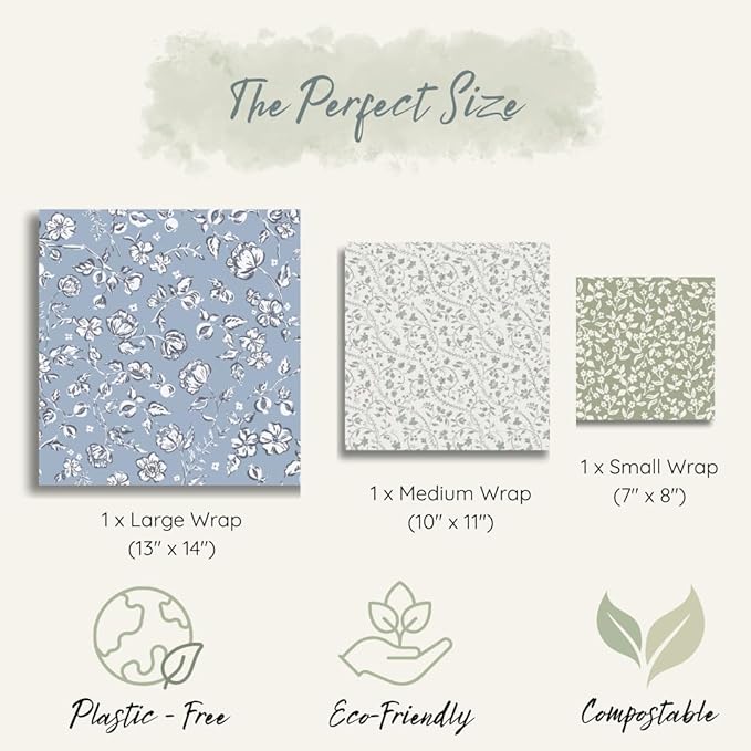 Beeswax Food Wraps 3 Pack (S, M, L) | Reusable, Organic, Plastic-Free Storage (White, Blue, Green - Beige Packaging)