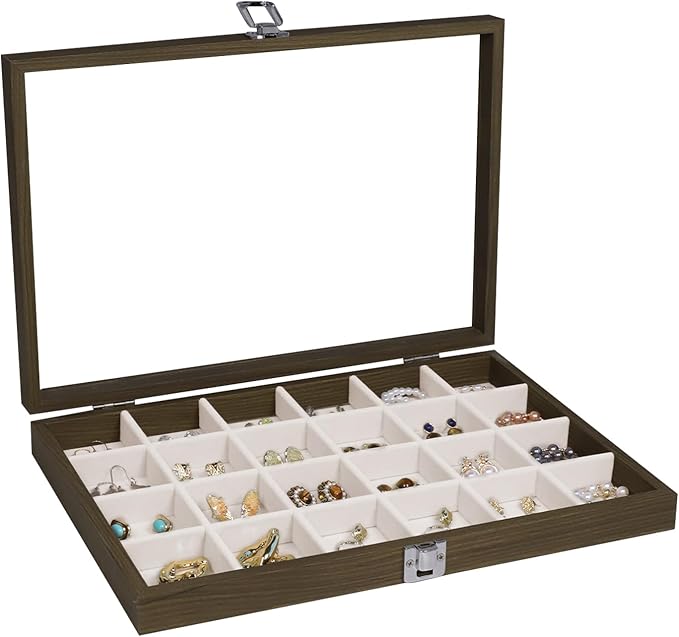 Wudygirl Wood Jewelry Organizer 24 Grid Jewelry Tray with Clear Lid Lockable Earring Holder Organizer Vintage Jewelry Box Ring Holder Gift for Women Girls (24 Grid)