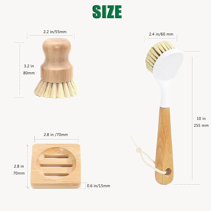 JouiiSiYa Bamboo Vegetable Brush Set, Natural Bristle Dish Brush with Holder, Eco Friendly Soft Dish Scrubber Kitchen Brush for Dishes