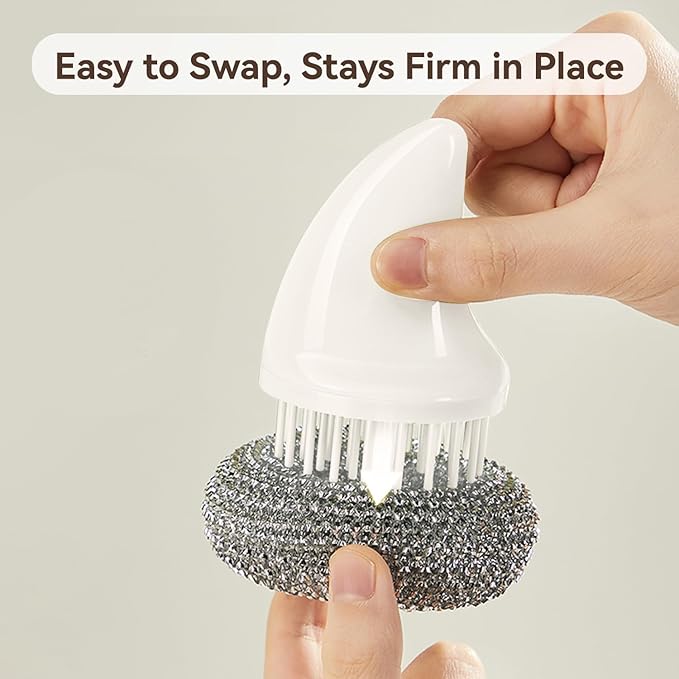 JESFORMYA Steel Wool Scrubber with Handle, 3 Refill Pads – Heavy Duty Cleaner for Dishes, Cast Iron, Pots, Pans & Grills (White)