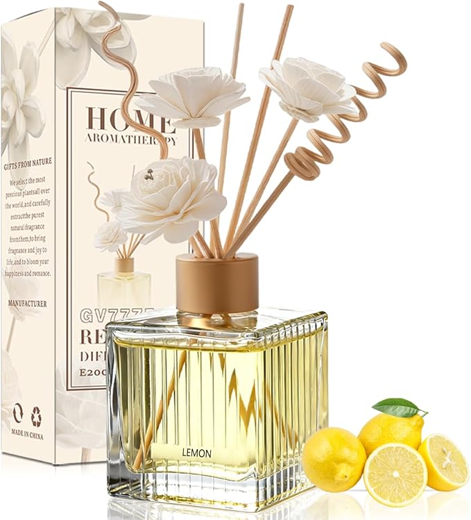 Lemon Reed Diffuser Set - 6.7 oz Glass Bottle with 4 Rattan Sticks, 3 Dried Flowers | Adjustable, Long-Lasting Scent for Home, Bedroom, Living Room, Office, Bathroom | Aromatherapy Gift Set