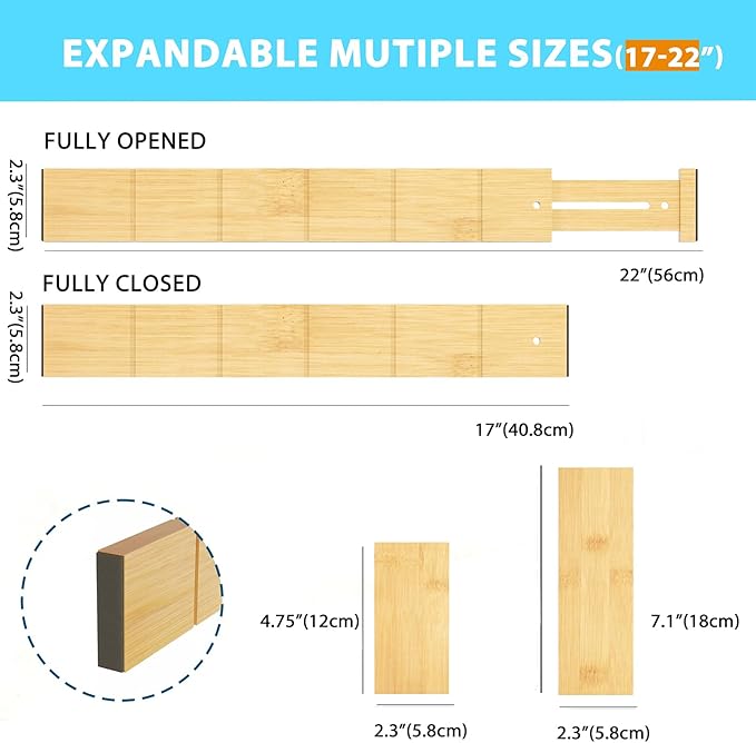 GZOOGHOME 6 Pack Bamboo Drawer Dividers with 12 Inserts, Expandable Adjustable Clothes Drawer Organizers and Storage from 17" to 22" for Kitchen, Bedroom, Dresser, Cosmetics (Natural)