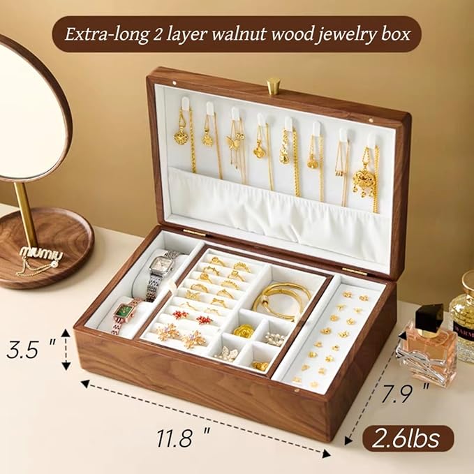 Bescott 2 Layer Solid Black Walnut Wooden Jewelry Box for Women Wood Vintage Organizer for Men Earrings Rings Necklaces Bracelet Watch Storage Mother's Day Gift