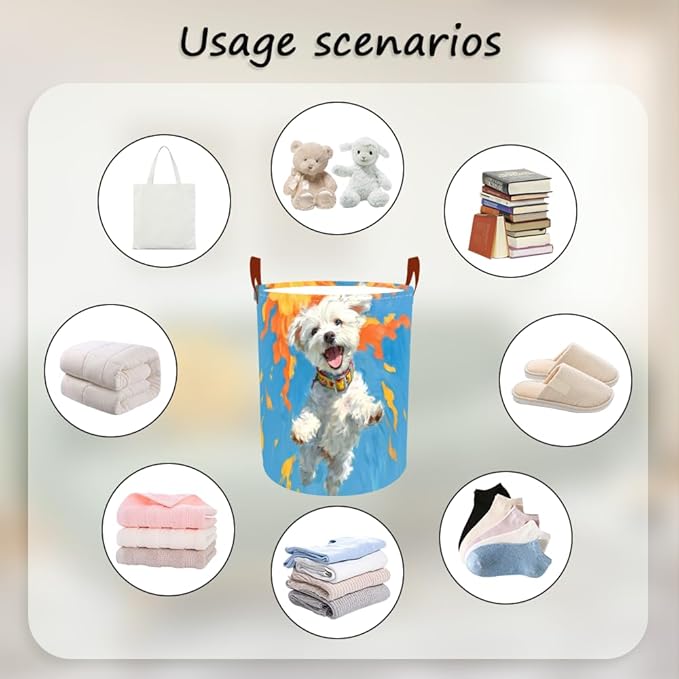 Laundry Basket 15.7x19.7 Inch Jumping White Dog with Sunshine Design Collapsible Laundry Hamper with Handles Oxford Fabric Foldable Clothes Storage Bin for Bedroom Bathroom Dorm