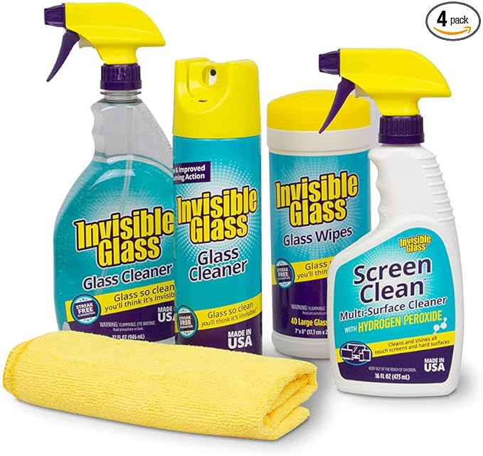 Invisible Glass 99612 Home Glass Spray Kit Includes Premium Glass Cleaner Spray and Glass Cleaner Wipes, Screen Clean Multi-Surface Cleaner and Microfiber Perfect All-In-One Household Cleaning Set