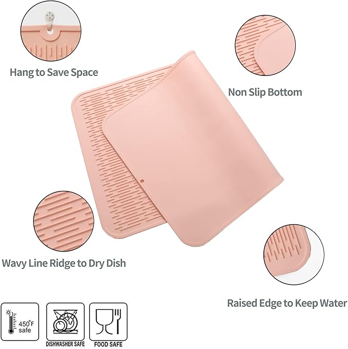 MicoYang Silicone Dish Drying Mat for Multiple Usage,Easy clean,Eco-friendly,Heat-resistant Silicone Mat for Kitchen Counter or Sink,Refrigerator or Drawer Liner Pink 3XL 28 inches x 18 inches