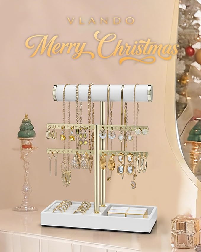 Vlando 2 Tier Necklace Holder Organizer with Tray, Leather Bracelet Holder Display for Women, Gold Jewelry Holder Stand for Bracelet, Necklace, Earrings, Rings - White