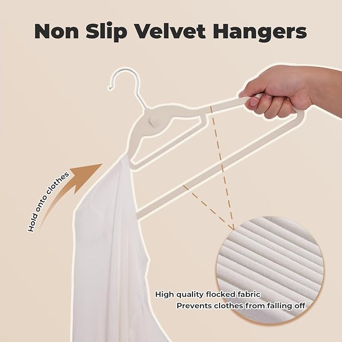 Limogoo Ivory Velvet Hangers 50 Pack, Felt Covered Non Slip Fabric with Stackable Cascading Hook, Ultra Thin and Space Saving with 360° Swivel Neck, 15Lbs Capacity for Clothes, Suit, Shirt, Coat