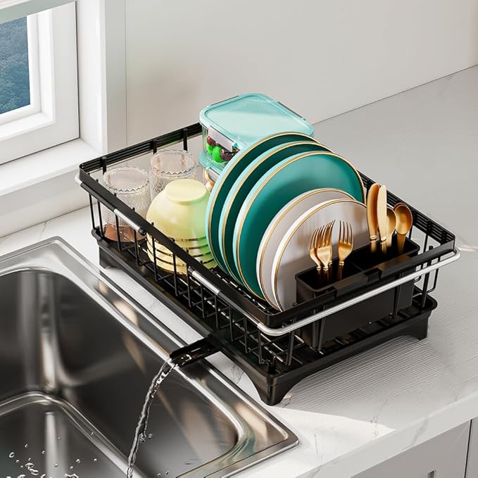 HANLE Small Dish Drying Rack in Sink, Expandable Stainless Steel Dish Drainers for Kitchen Counter, with Drain Board & Utensil Holder(Black)