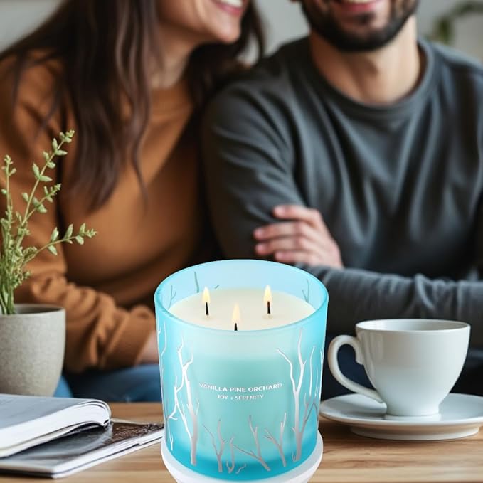 Vanilla Pine Orchard 3 Wick Soy Candle Large 14.5oz | Fresh Vanilla Pine Scented Candles for Home | Teal Blue Frosted Decorative Spring Candle | Clean Woodsy Scent | Aromatherapy Candle, Birthday Gift