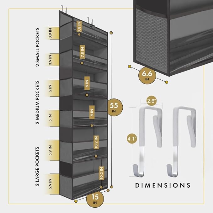 HOMELUX THEORY UPGRADED 6 Tiers Over The Door Organizer Hanging - 100D EXTRA THICK & 50lbs HUGE CAPACITY, 12 Side Mesh Pockets Over The Door Shoe Organizer, Hanging Closet Organizer (Dark Gray, 1pc)