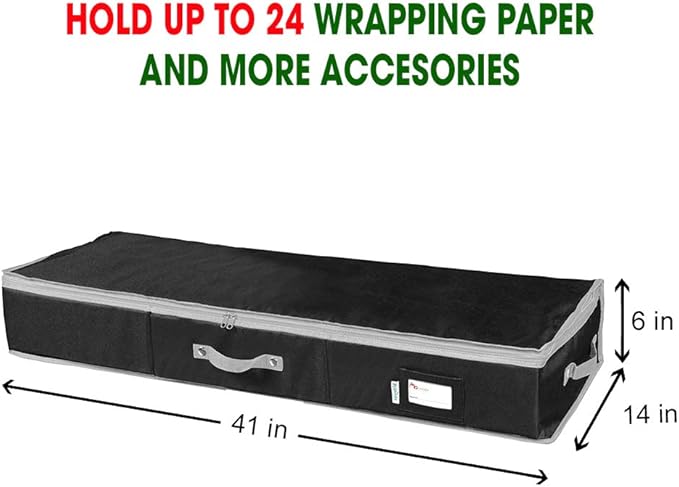 Primode Wrapping Paper Storage Container | Gift Wrap Organizer Under Bed | 41”x14”x6” | Box Holder for 18-24 Rolls Up to 40” | 600D Oxford Material | Pockets for Ribbon, Bows, and Accessories (Black)