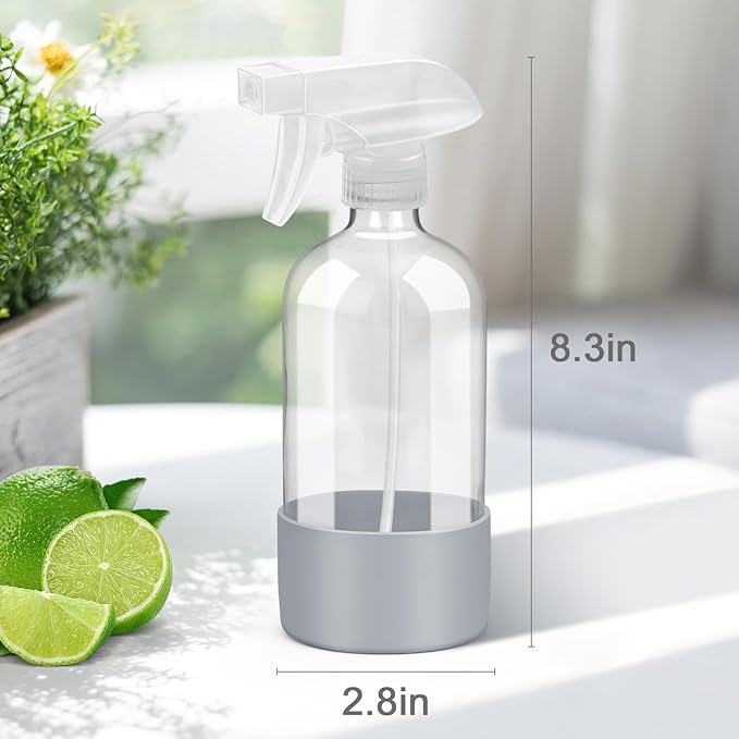 Rionisor Glass Spray Bottles with Silicone Sleeve Protection, Empty 16 oz Refillable Containers, Reusable Spray Bottles with Adjustable Nozzle for Hair, Cleaning Solutions, 3 Pack Grey&Blue&Pink