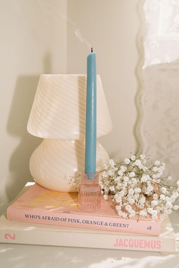 Bluecorn Beeswax Taper Candles, 100% Pure Natural Bees Wax, 8 Inch Pair, Sky Blue Candlesticks, Unscented, Clean Burning & Dripless, Long Lasting, Thanksgiving & Christmas Decor, American Made, 1 Ct