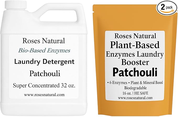 Bio-Based Enzymes Laundry System – Liquid Laundry Detergent (32 fl oz) + Enzyme Booster (16 oz) Bundle – Plant-Based, Low-Suds, HE Safe, Made in the USA (Patchouli)