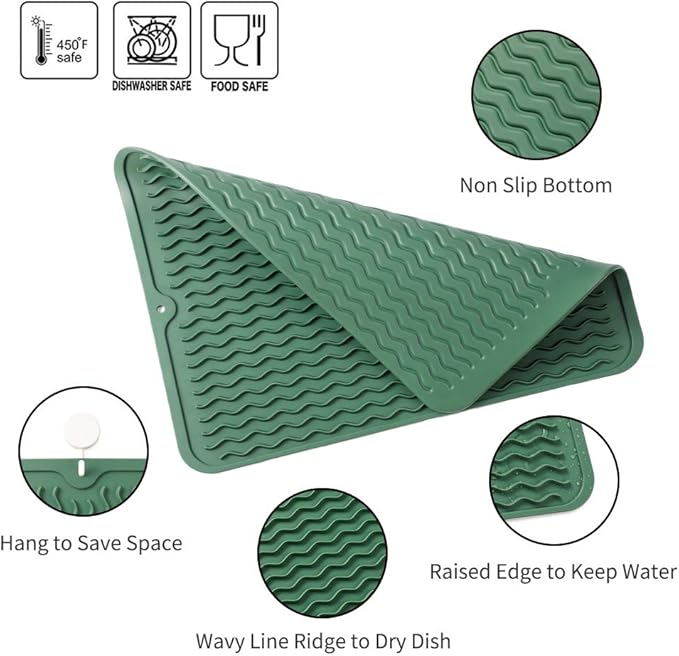 MicoYang Silicone Dish Drying Mat for Multiple Usage,Easy clean,Eco-friendly,Heat-resistant Silicone Mat for Kitchen Counter or Sink,Refrigerator or drawer liner Green L 16 inches x 12 inches