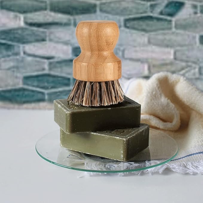 SUPERWASH PLUS Bamboo Scrub Brush Clean Pan, Dish and Vegetable, Natural Bristles Palm Pot Brush 4 Pack Round Mini Dish Brush with Ceramic Holder for Kitchen Sink Cleaning