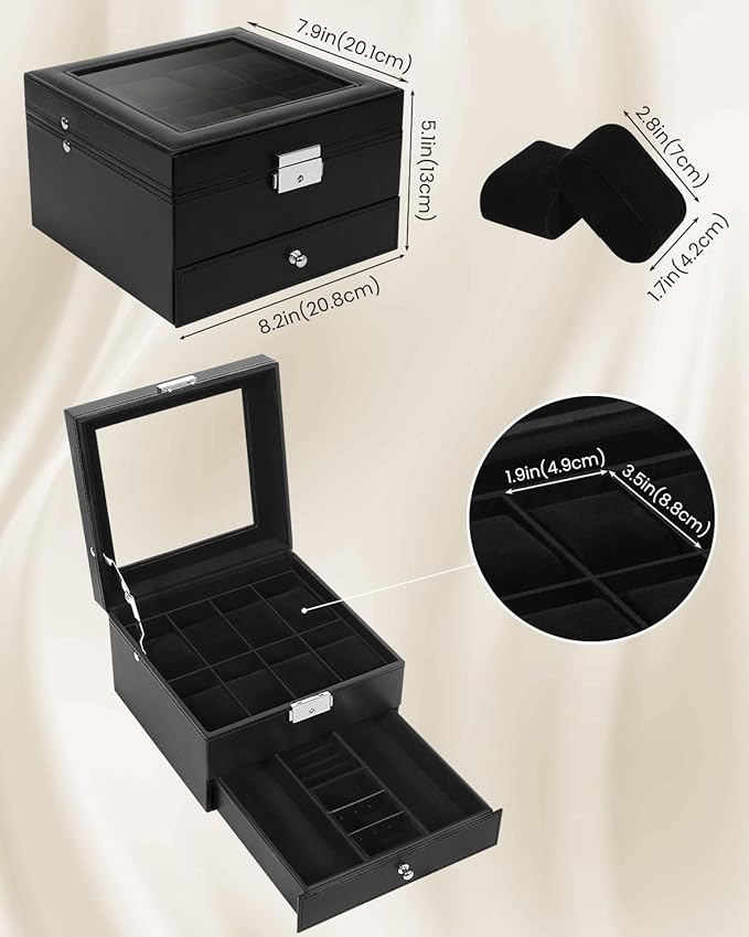 Uten 8-Slot Watch Box, 2-Layers PU Leather Watch Case with Glass Lid, Watch Holder Organizer with Soft Pillow and Velvet Lining, Watch and Jewelry Storage Box, Black
