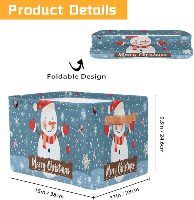 Storage Baskets Bin, Christmas Winter Snowman Collapsible Canvas Fabric Storage Bin Decorative Baskets Toy Organizer Rectangle Storage Boxes with Handles for Home Shelves Nursery, J-025