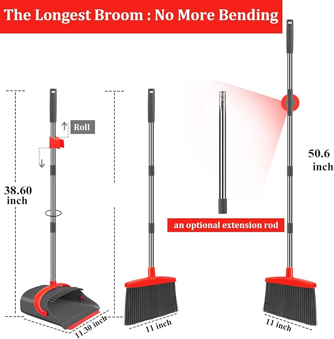 YZO Broom and Dustpan Set, 50.6-Inch Long Handle Standing Design, Dustpan Front Rubber Tight Seal, Broom with 5-Layer Bristles, Suitable for Living Room, Bedroom, Yard, Office and Apartment(Gray&Red)