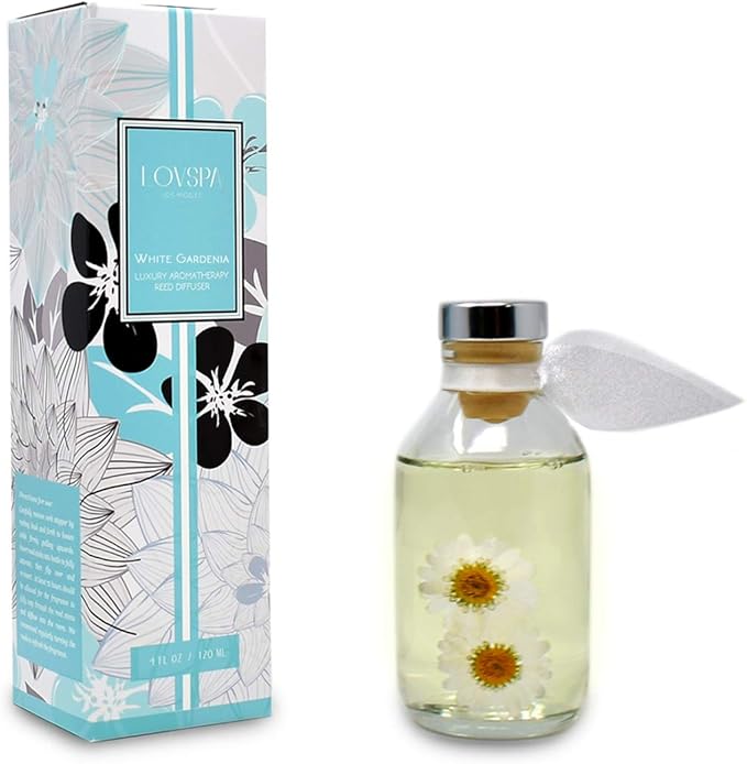 LOVSPA Reed Diffuser Set, White Gardenia Scented Oil Diffuser with Sticks, Home Fragrance Accessories for Bathroom Shelf Decor, Aroma Diffusers for Home or Office Desk, USA Made
