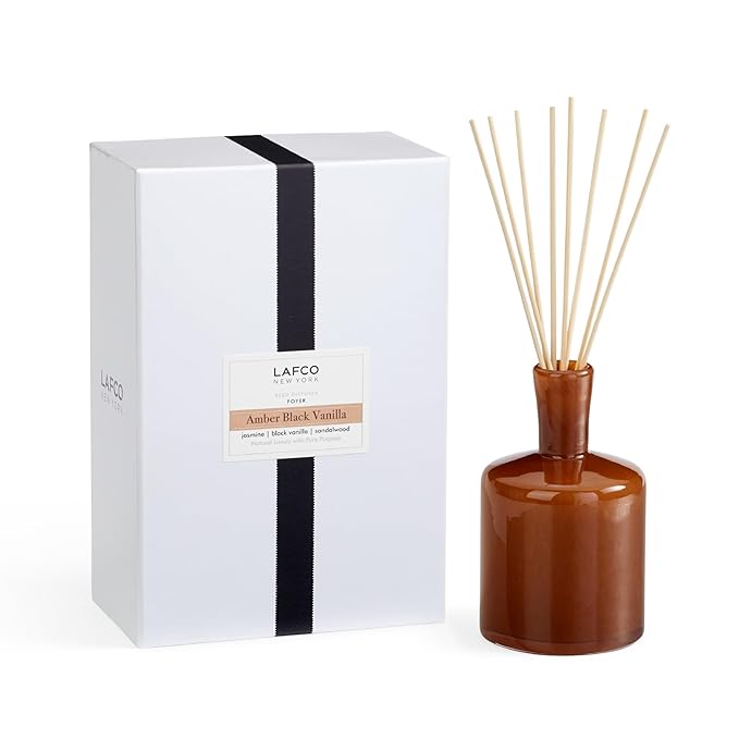 LAFCO New York Signature Reed Diffuser, Amber Black Vanilla - 15 oz - Up to 9 Months Fragrance Life - Reusable, Hand Blown Glass Vessel - Natural Wood Reeds - Made in The USA