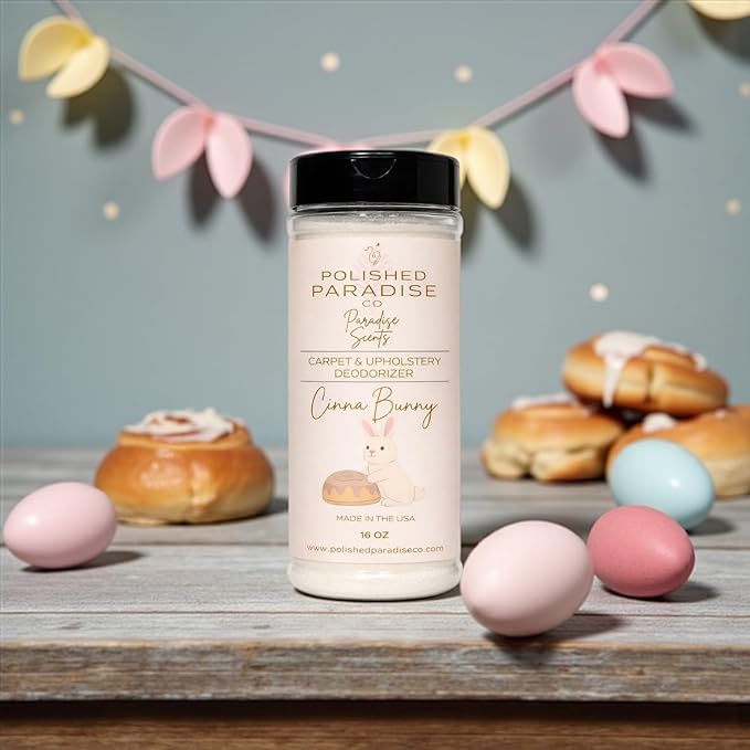 Polished Paradise Co Paradise Scents Cinnamon Bun Carpet and Upholstery Deodorizer, Easter Holiday Scent Powder for Rugs and Textiles, 16 Oz (CinnaBunny)
