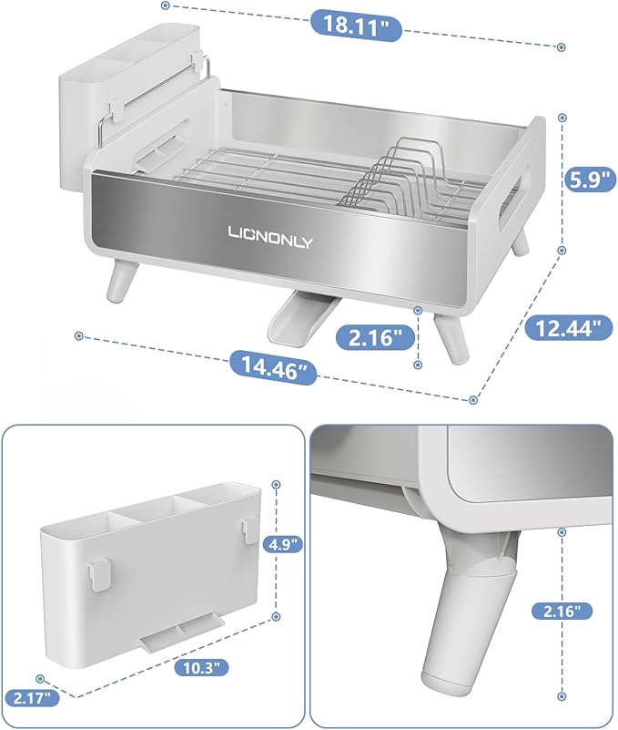 LIONONLY Dish Drying Rack, Thicker Premium Aluminum Frame and 304 Stainless Steel Plate Rack for Kitchen Counter, Automatic Drainage Spout, Dish Drainer & Drainboard Set with Utensil Holder, White