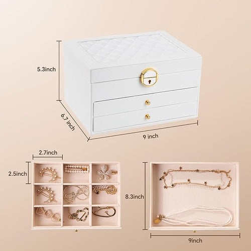 3 Layer Jewelry Box, Jewelry Holder Organizer with Jewelry Organizer Drawer, Large Jewelry Boxes & Organizer with Velvet Earring Organizer, Lockable Jewelry Holder, Unique Gifts for Women Mom (White)