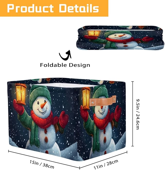 Storage Baskets Bin, Christmas Winter Snowman Collapsible Canvas Fabric Storage Bin Decorative Baskets Toy Organizer Rectangle Storage Boxes with Handles for Home Shelves Nursery, J-014