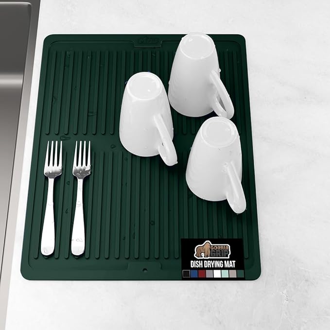GORILLA GRIP 100% BPA-Free Silicone Dish Drying Mat for Kitchen Counter, Quick Dry, Water Catching Ribbed Design, Easy Clean Waterproof Sink Liner, Heat Resistant, Fits Under Rack, 12x16, Hunter Green
