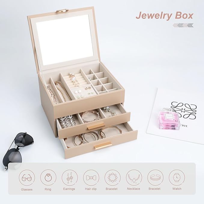 Leather Jewelry Box Premium 3-Layer Jewelry Case with Mirror - Scratch-Resistant Storage for Earrings, Rings, Necklaces, Ideal Gift for Women Apricot