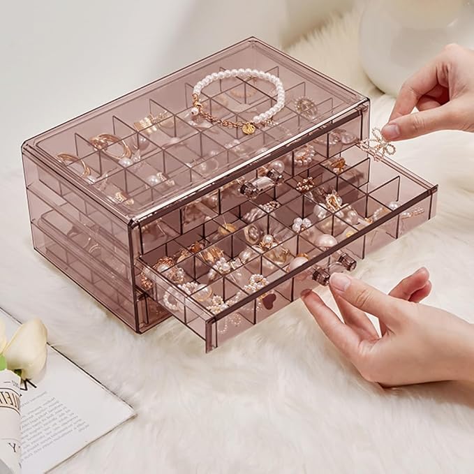 Earring Storage Box Organizer 3 Drawers Acrylic Jewelry Storage Box Holder Transparent Jewelry Display Stand with 72 Small Compartments Gift for Women Girls (Clear Purple Brown)