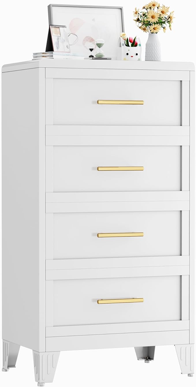 Metal Dresser Tall Narrow Dresser for Bedroom Chest, 44.45" H Drawer Chest, Closet Dressers & Chests of Drawers for Living Room, Hallway (4 Drawers White 24inch Wide)