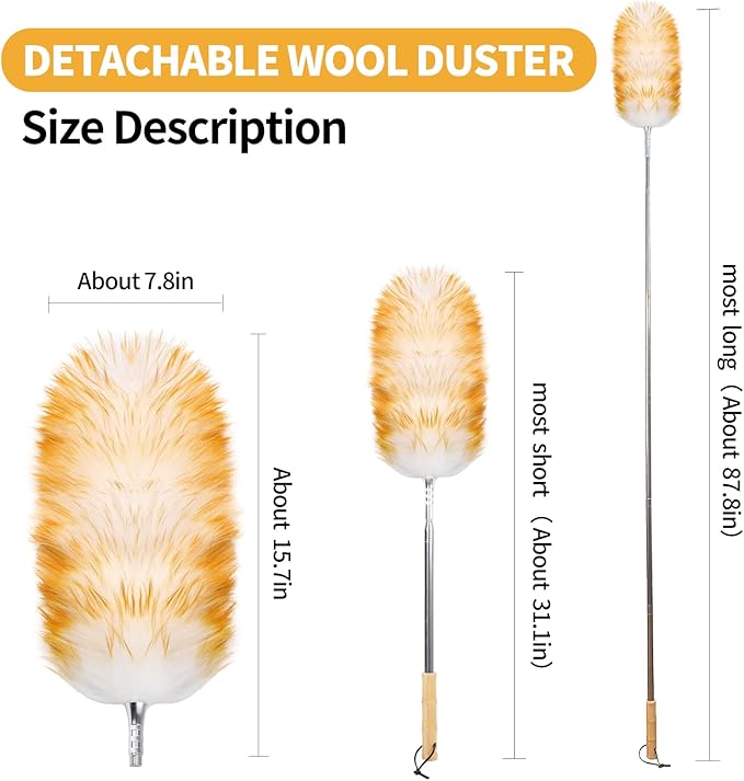 FeelfunFeather Feathers Duster,Long Telescoping Lambswool Dusters with Stainless Steel Extension Pole Up to 87.8" for Cleaning High Ceiling Fan, High Ceilings,Furniture,Hard to Reach Areas