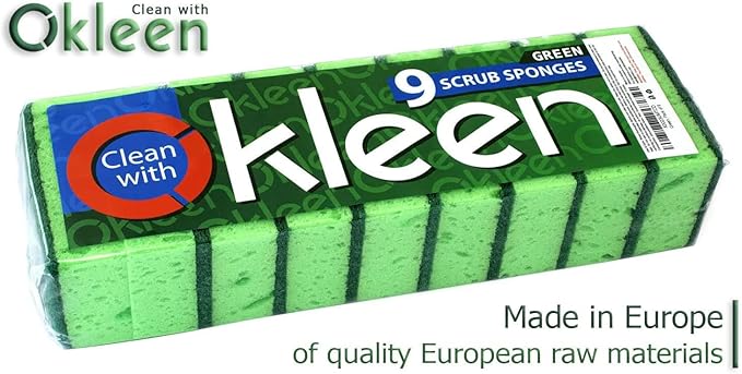 Okleen Green Multi Use Scrub Sponge. Made in Europe. 9 Pack, 4.3x2.8x1.4 inches. Odorless Heavy Duty and Non Scratch Fiber. Best, Durable, Delicate, Porous, Non Cellulose Kitchen Sponges and Scrubbers
