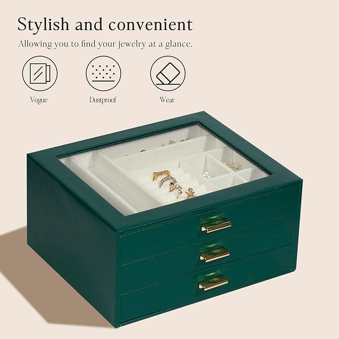 Jewelry Box Organizer with 3 Drawers,Glass Lid Jewelry Boxes for Women,Jewelry Storage for Rings,Necklaces,Earrings,Bracelets,Interesting Gift,Green
