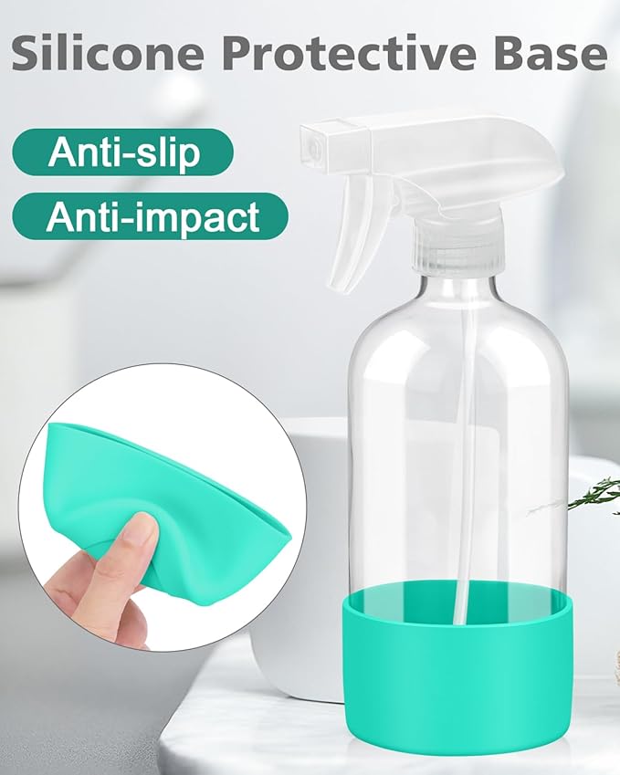 Rionisor Glass Spray Bottles with Silicone Sleeve Protection, Empty 16OZ Reusable Spray Bottles, Refillable Containers with Spray Nozzles for Cleaning Solutions, Plants and Essential Oils 1 Pack Green